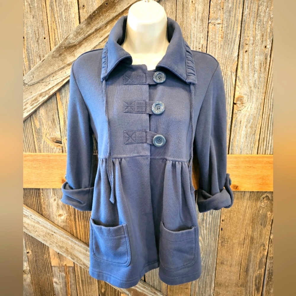 Forever 21  Pea Coat Jacket 3 Button Drawstring Collar EUC Warm 3/4 Sleeve ^